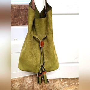 Burberry Olive Green Suede Drawstring Shoulder Bag with Tassels